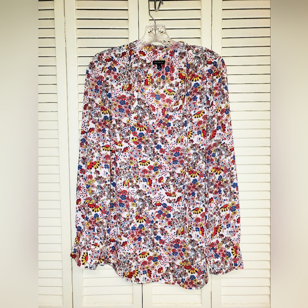 Talbots Red and Blue Casual Button Down Shirt with Floral Design